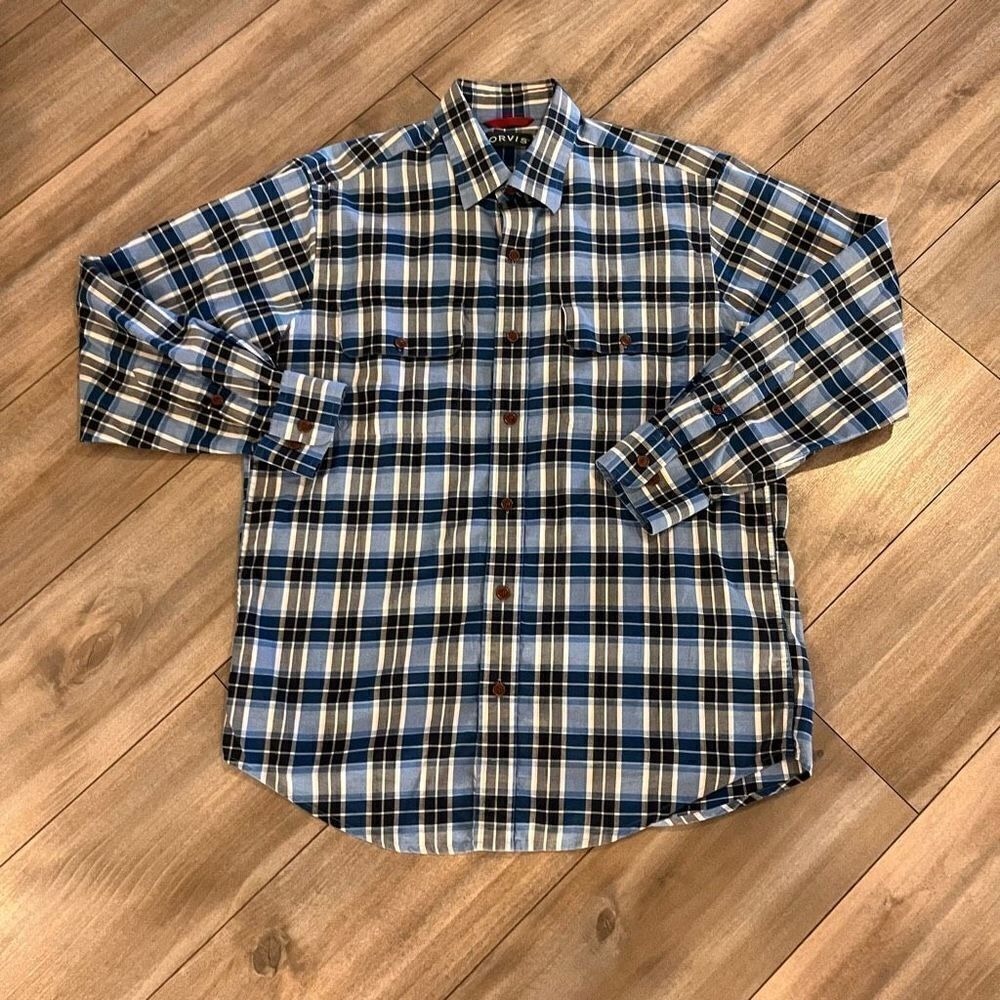 Orvis Mens Medium Blue Plaid Long Sleeve‎ Button Down Shirt Flannel Bin K-44